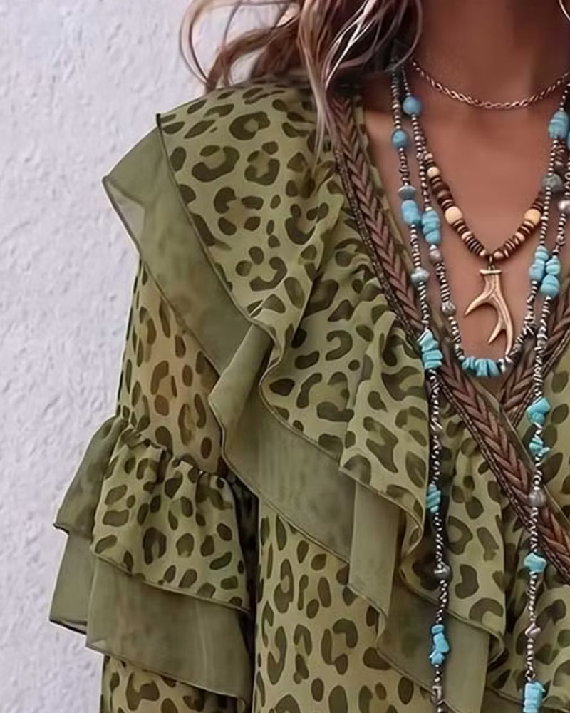 Blouse Col V Volant Léopard