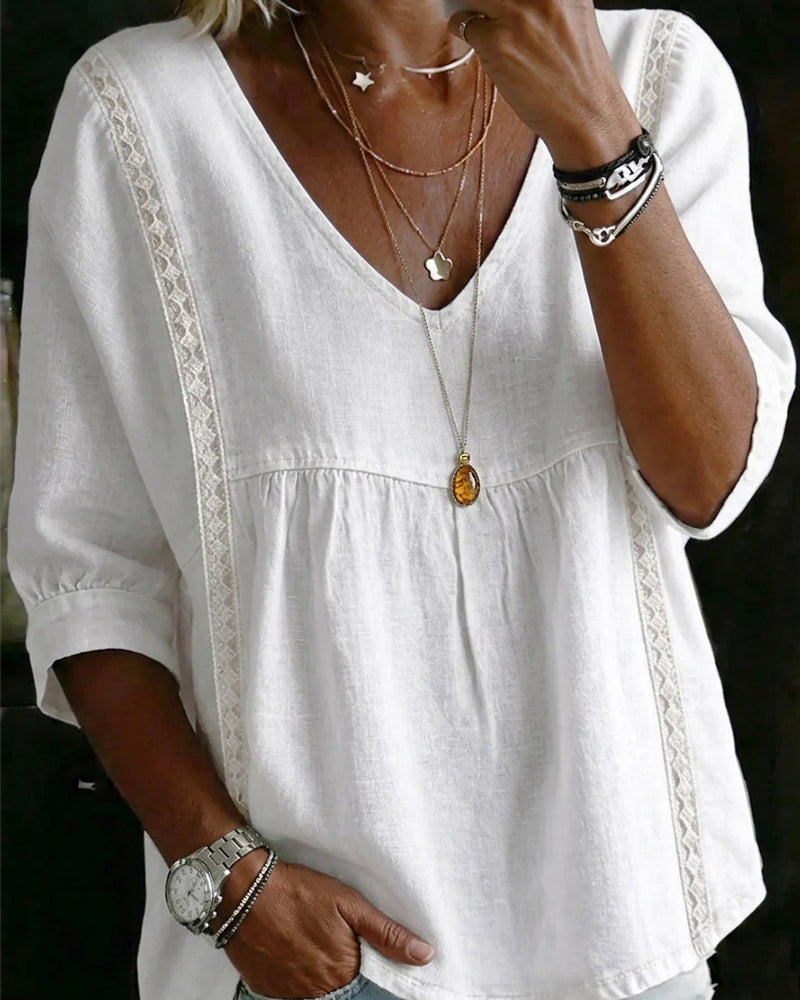Blouse Volant Garniture Col En V Manche Coude