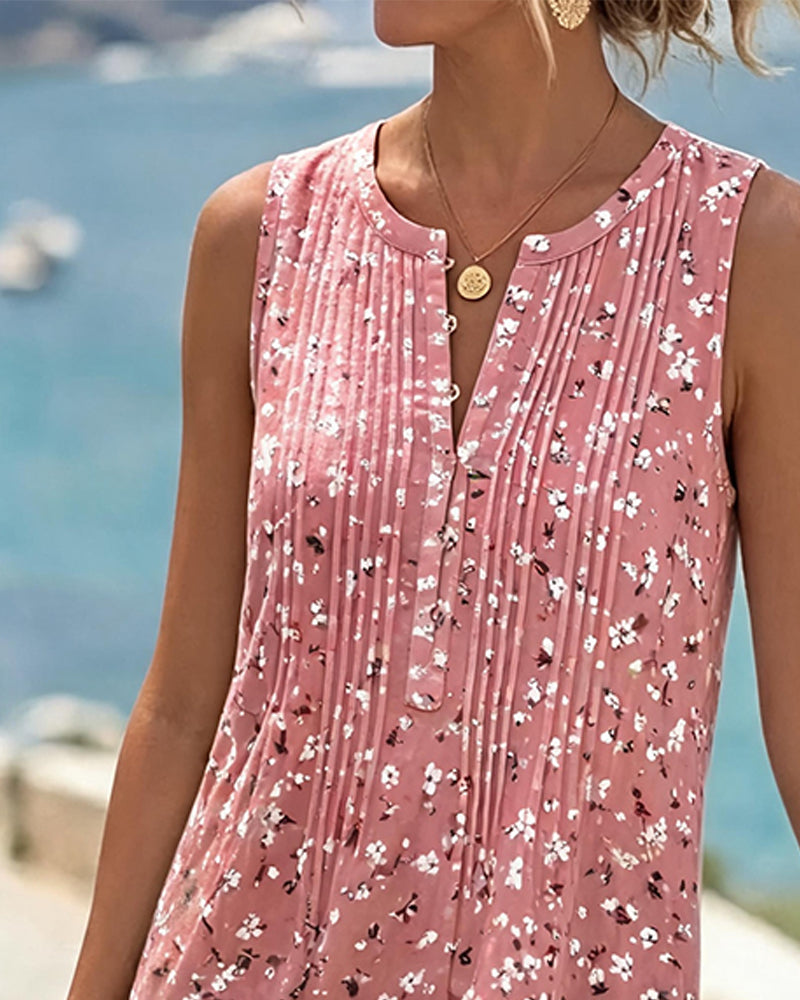 Robe Col Rond Sans Manches Florale Plissée