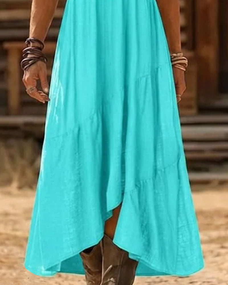 Robe Col V Taille Haute Jupe Ample Unie