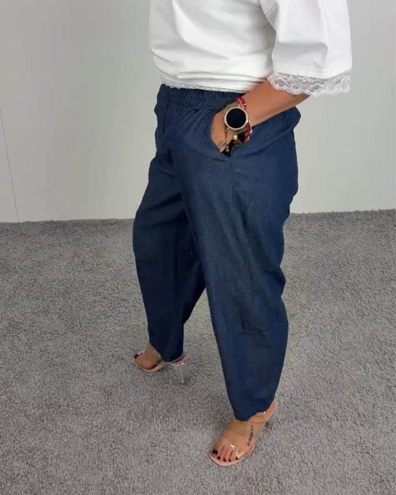 Pantalon Élégant Poche Denim Long