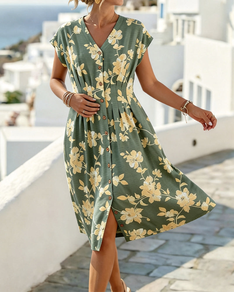 Robe Col En V Imprimé Taille Cintrée Boutonnage Devant