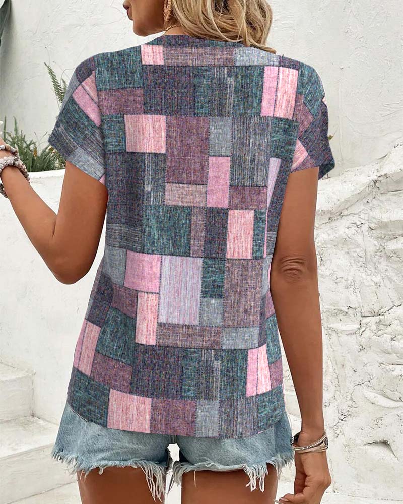 Blouse Décontractée à Carreaux Col en V