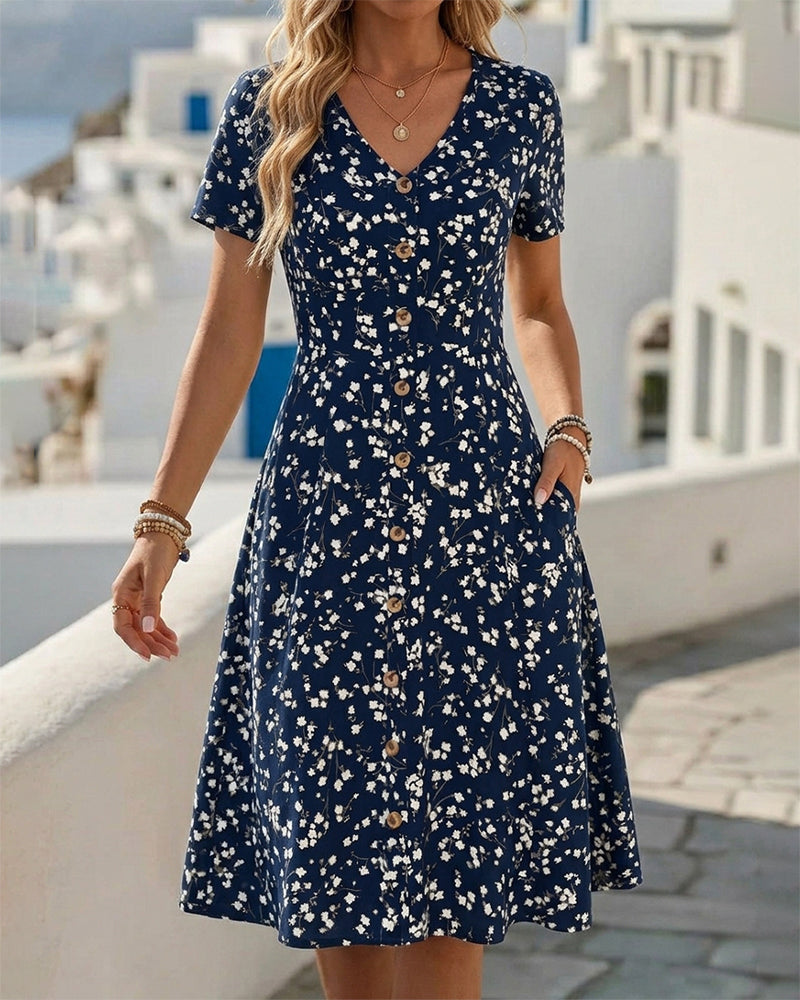 Robes Col V Bouton Taille Cintrée A-Ligne