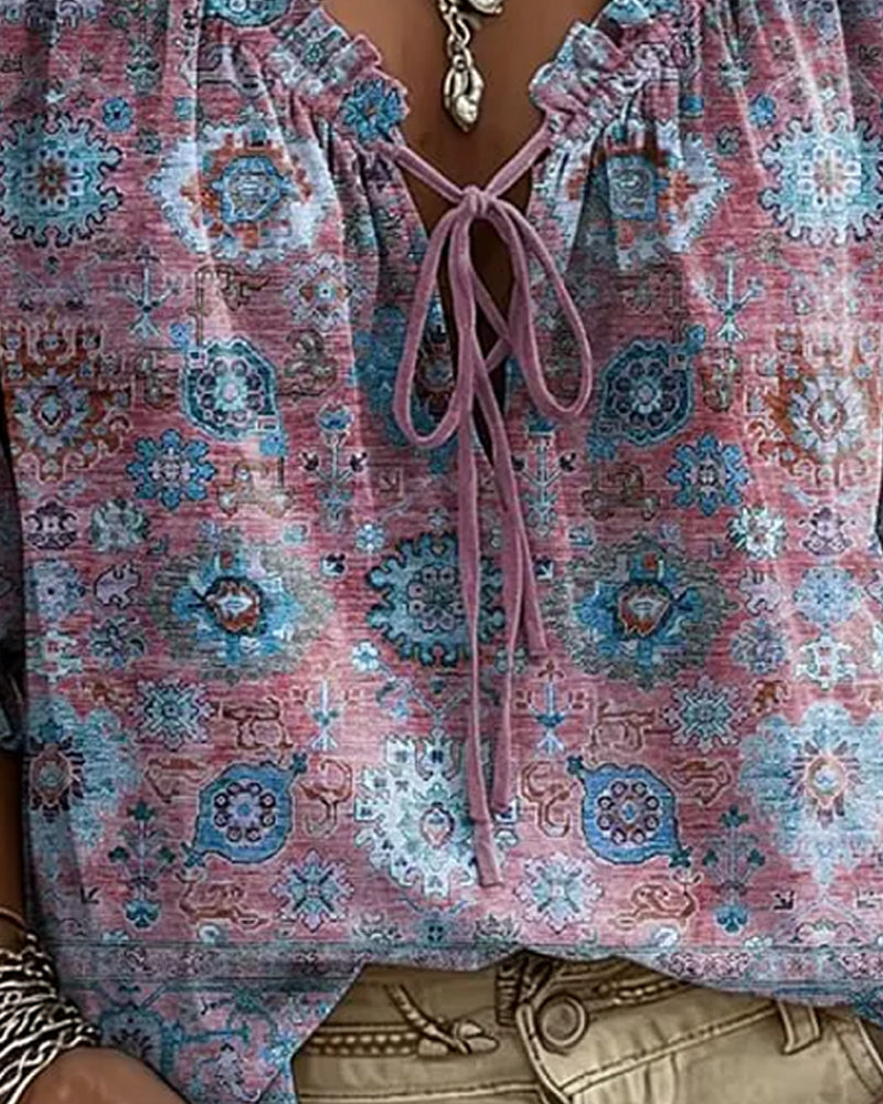 Blouse Col V Attache Vintage Imprimé