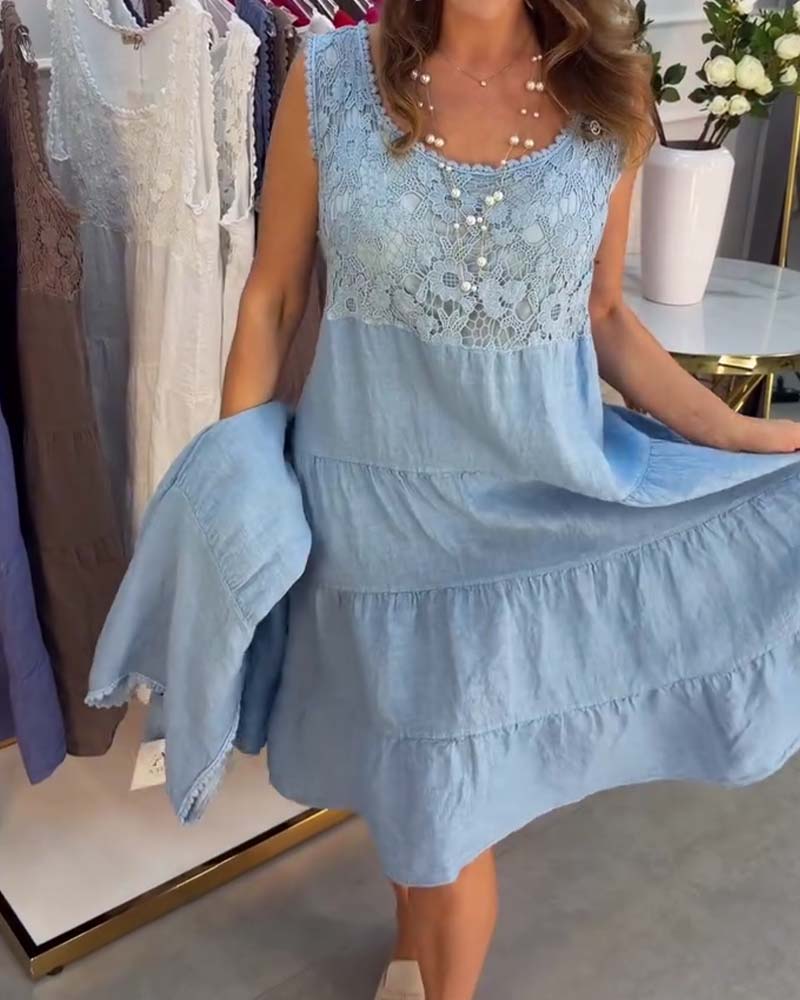 Robe Col Rond Sans Manches Dentelle Superposée