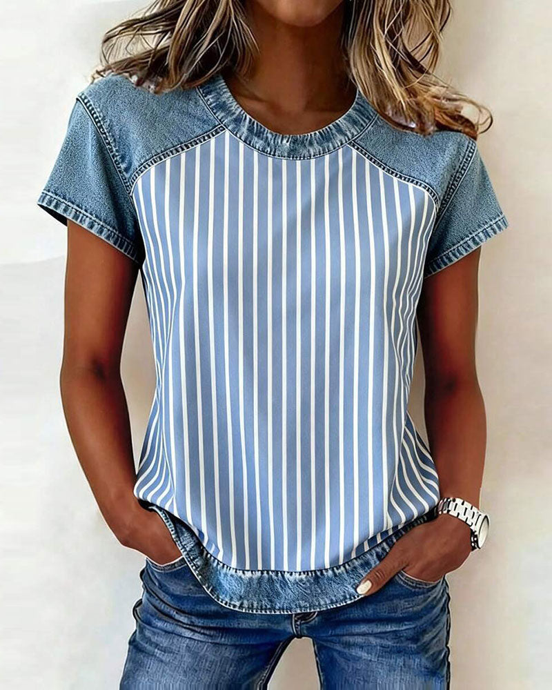 T-Shirt Denim Patchwork Rayé Manche Courte