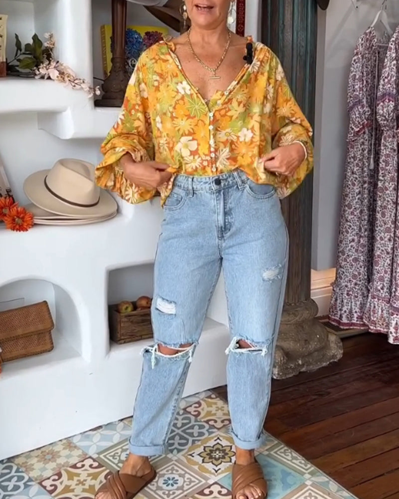 Blouse à imprimé fleuri col V