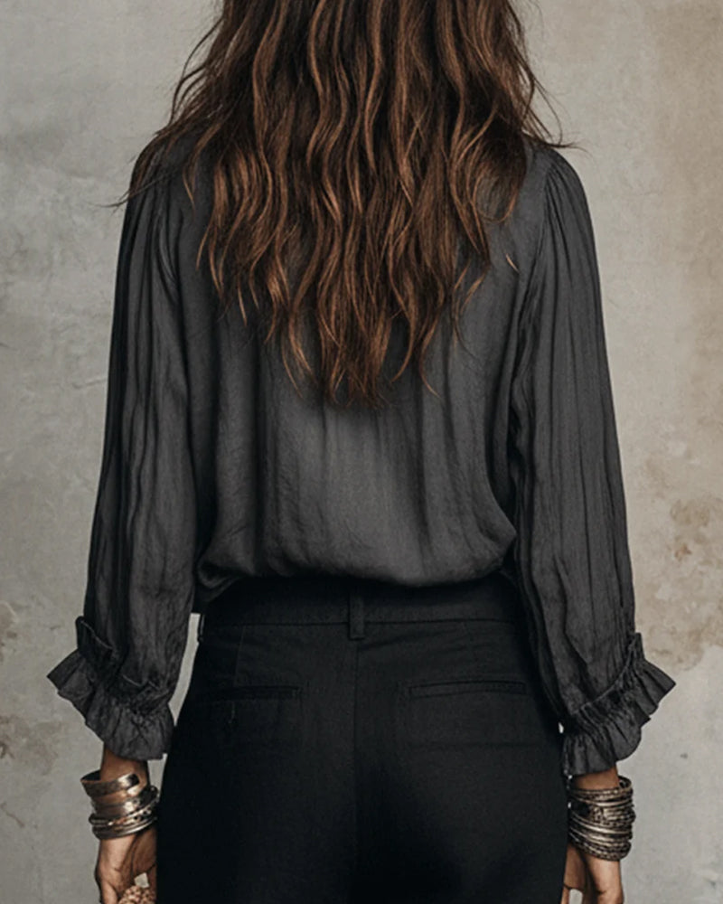 Blouse Manches Longues Profond Col En V Volantée