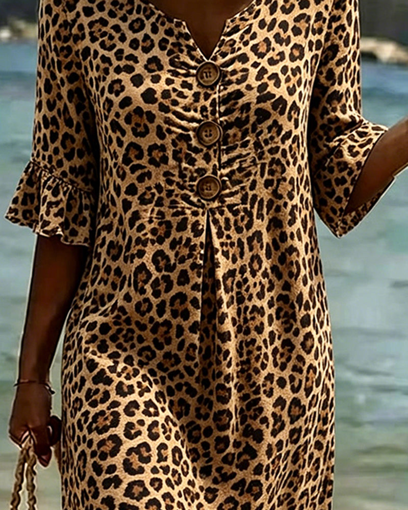 Robe Imprimé Léopard Col V Volantée