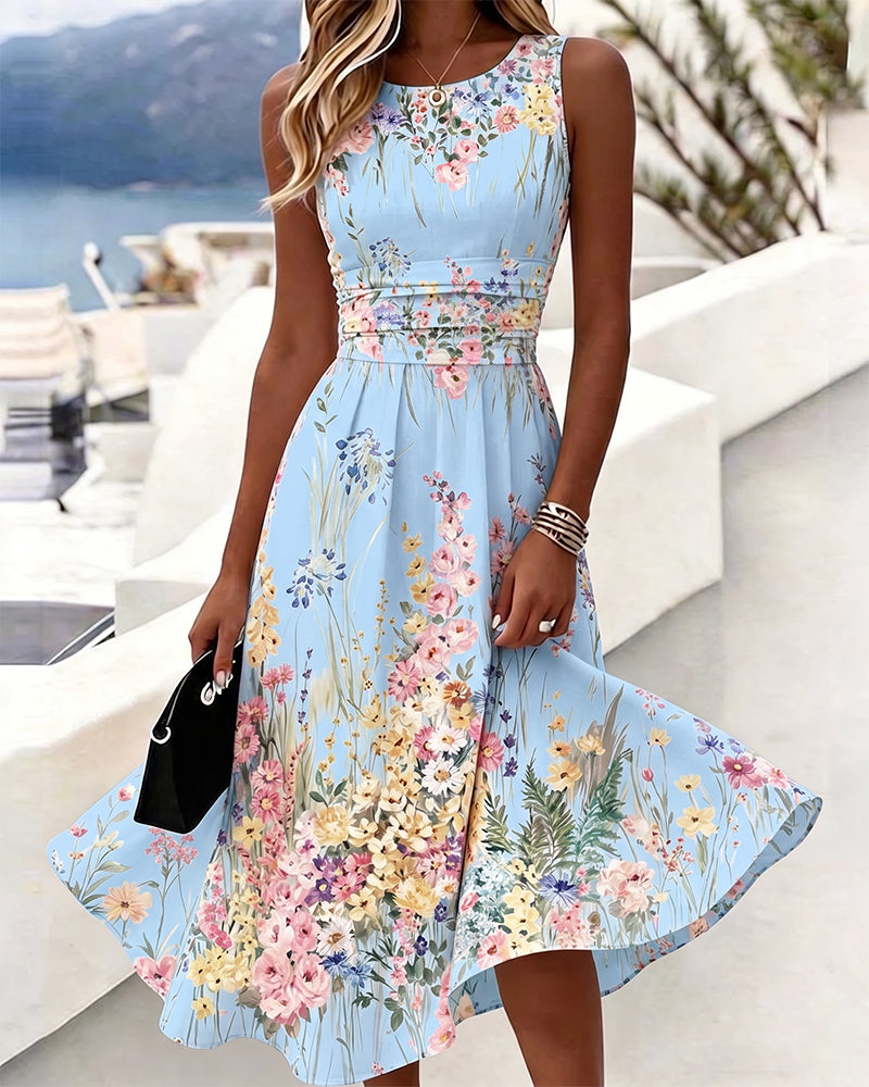 Robe Sans Manches Imprimé Floral Cintrée À La Taille
