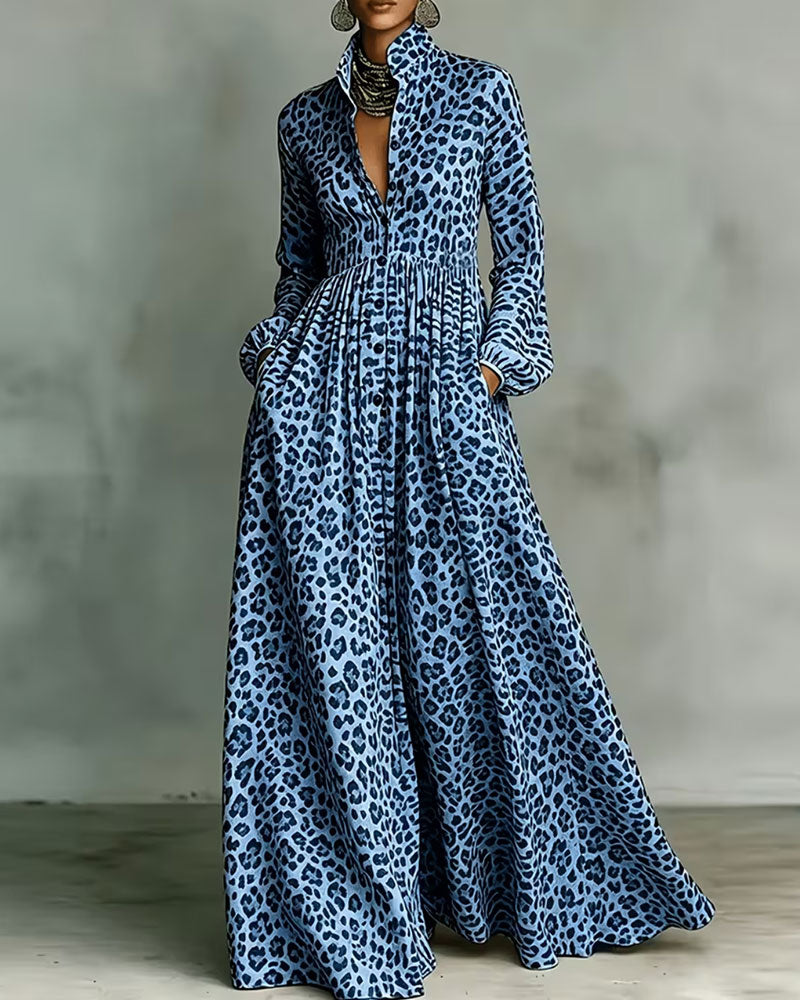 Robe Chemisier Léopard Col Longue