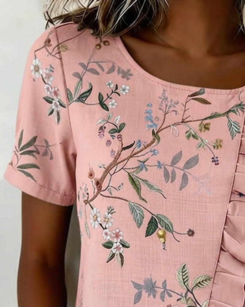 Blouse Col Rond Manches Courtes Volantée Florale