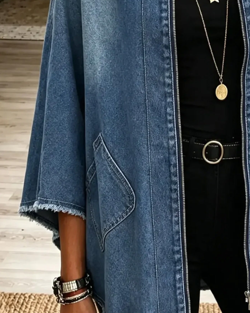 Manteau Revers Fermeture Éclair Frange Denim