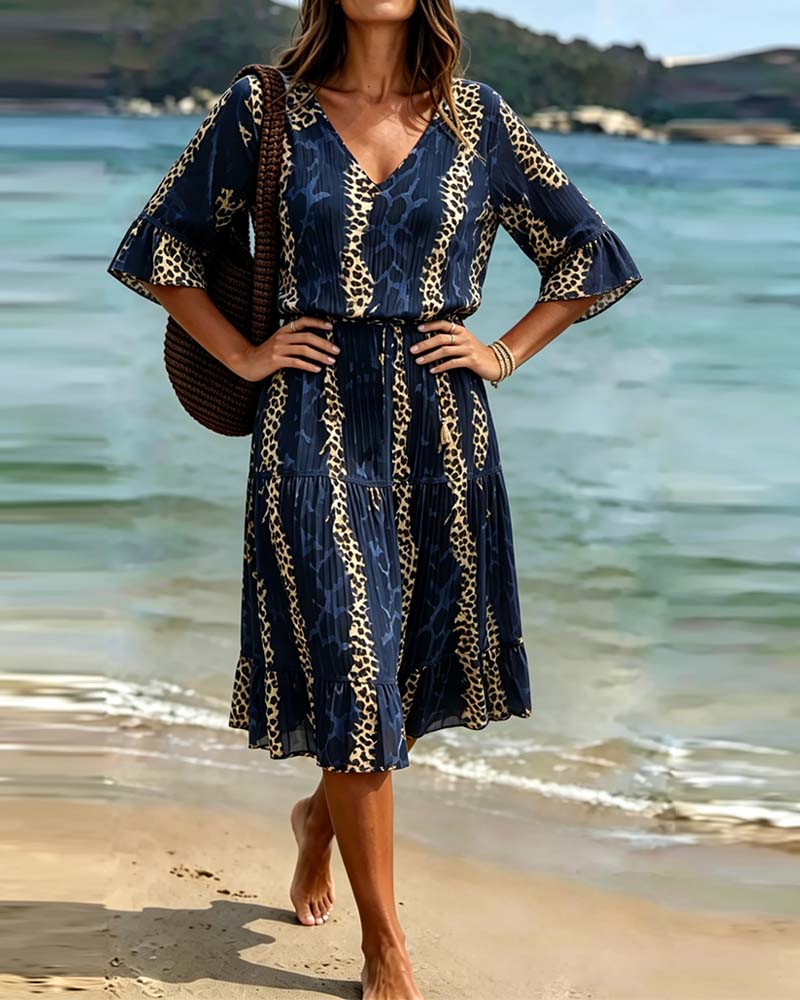 Robe Col V Léopard Patchwork Midi Vacances