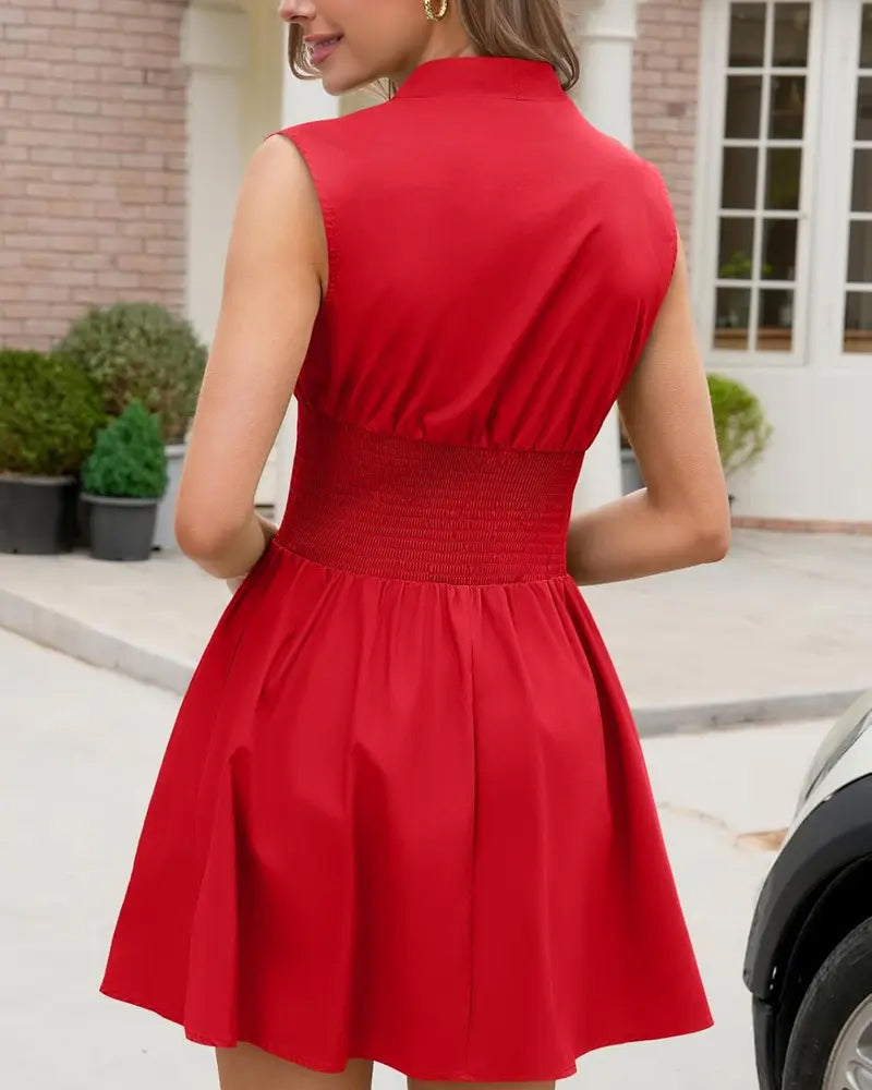 Robe Col En V Fermeture Éclair Taille Cintrée Sans Manches