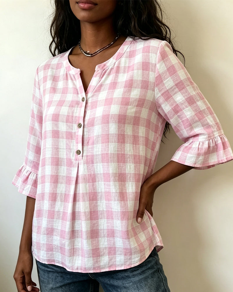 Blouse Col En V Bouton Devant À Carreaux Volant