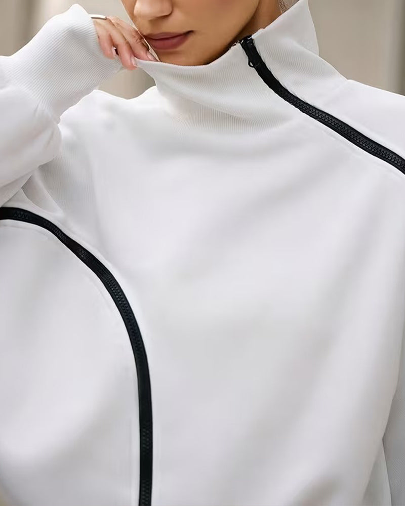 Sweatshirt Col Mock Fermeture Éclair Épaule Tombante Décontracté