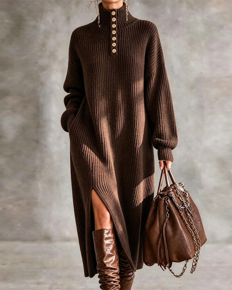 Robe Col Roulé Bouton Fente Longue