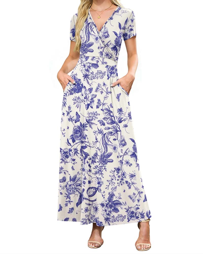 Robe Col V Imprimée À Manches Courtes