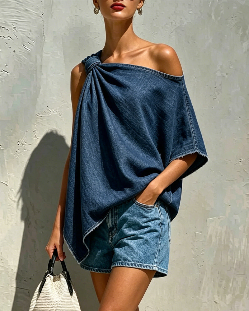 Blouse Denim Nœud Une Épaule