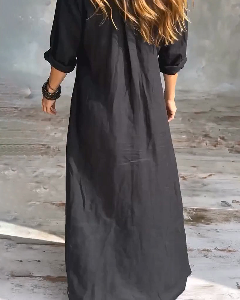 Robe Col Chemise Boutonnage Fente Latérale Unie