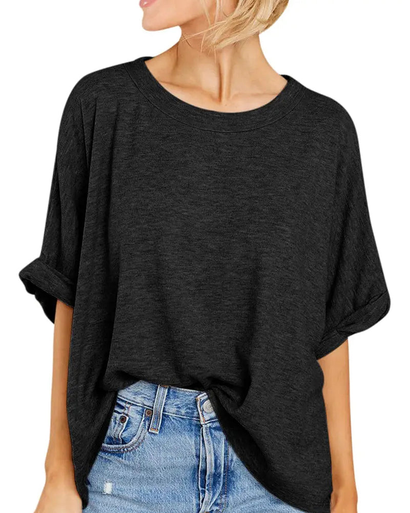 T-Shirt Épaule Tombante Ourlet Roulé Manches Courtes