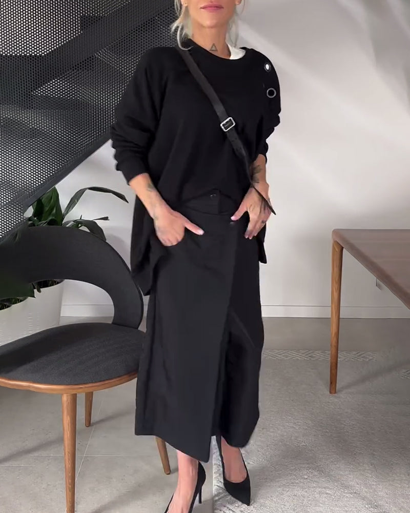 Sweat-shirt décontracté à col rond et fente de couleur unie