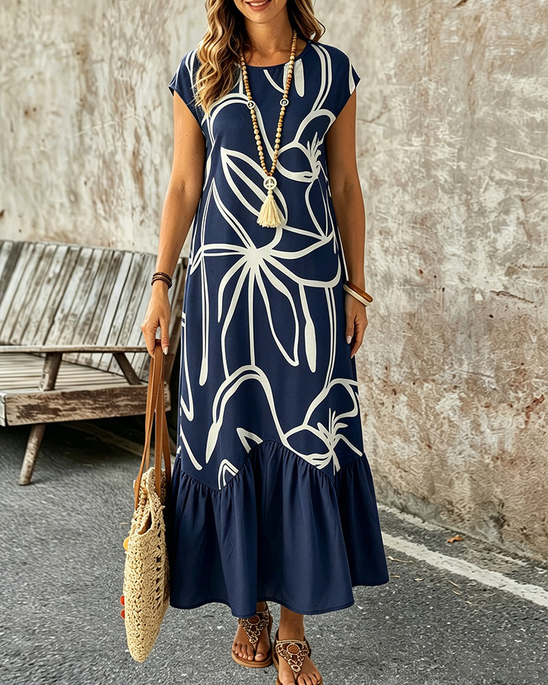 Robe Col Rond Géométrique Imprimé A-Ligne