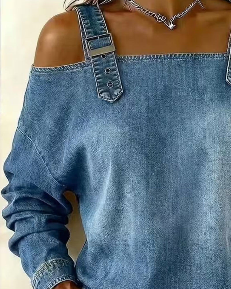 Blouse Bretelle Spaghetti Off-Shoulder Denim Bouton Métallique