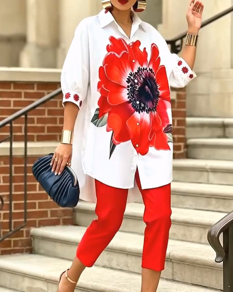 Chemise Imprimé Grande Fleur Manche Bouffante