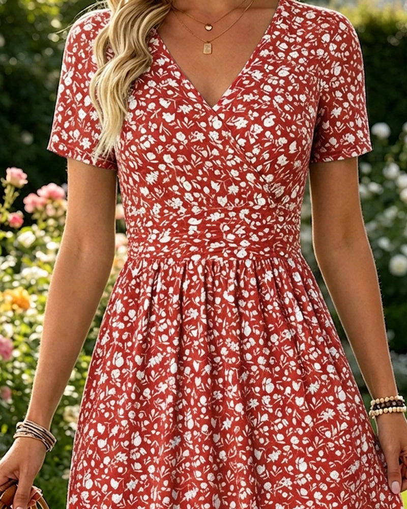 Robe Col En V Manches Courtes Petit Fleuri