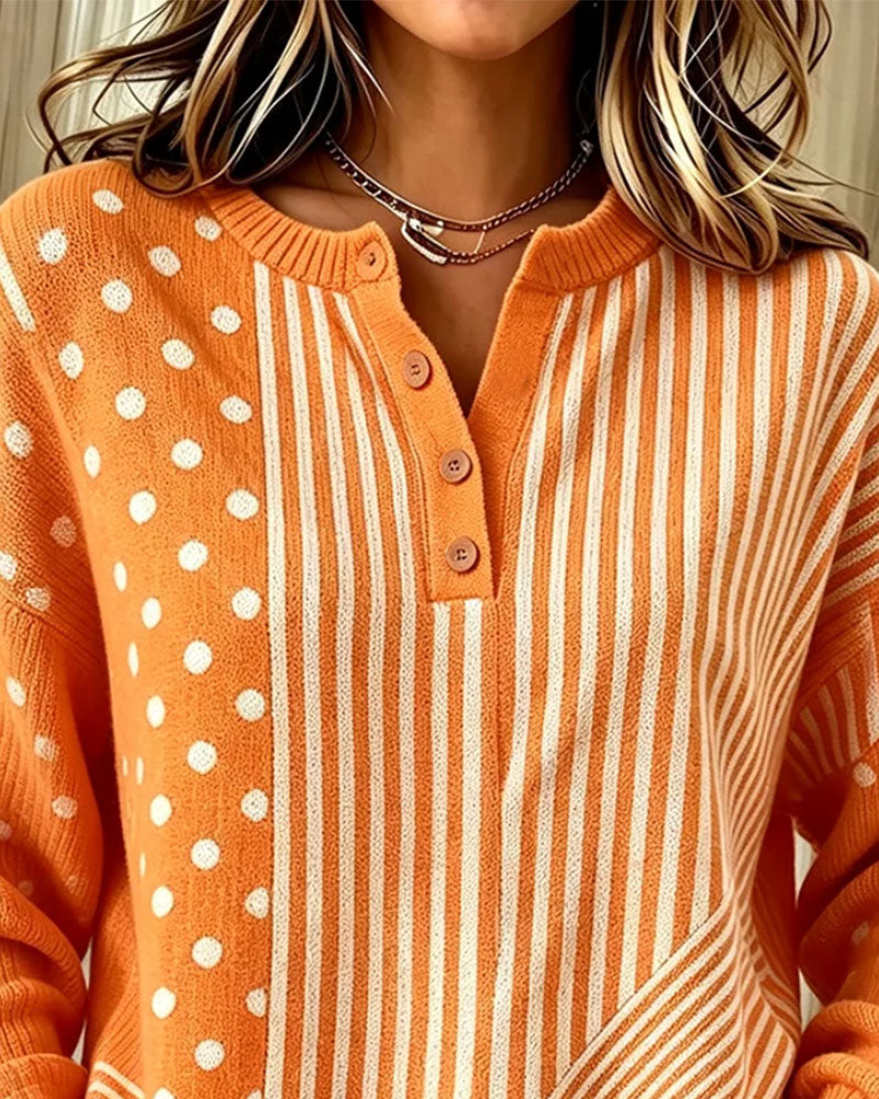 Pullover Bouton Devant Rayure À Pois Épaule Tombante Tricoté
