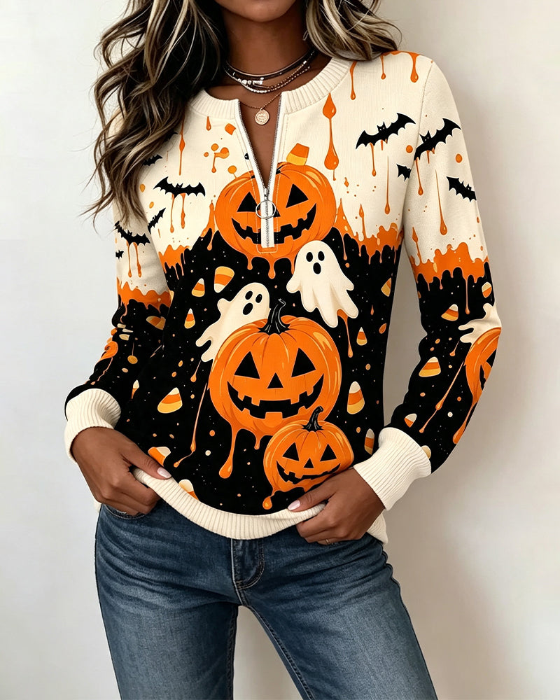 Sweatshirts Fermeture Éclair Manche Longue Imprimé Citrouille