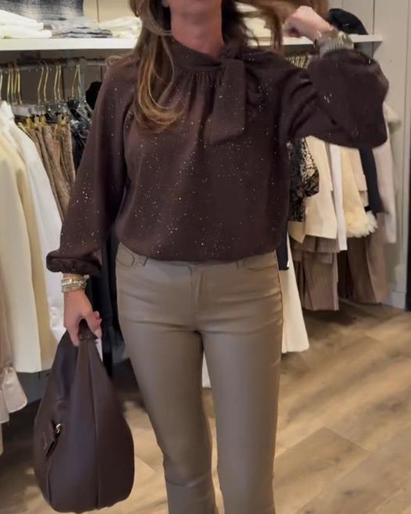 Blouse Avec Détail de Ruban, Design à Manches Bouffantes, Tissu Iridescent Et Ambiance Élégante