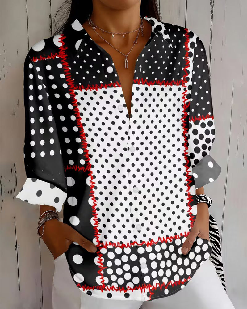 Chemise Polka Dot Manche Longue Bloc De Couleur