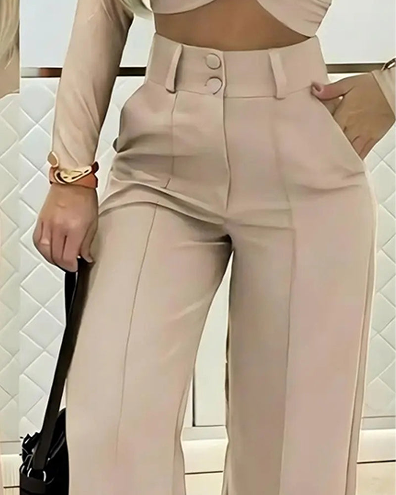 Pantalon Décontracté Taille Haute Long