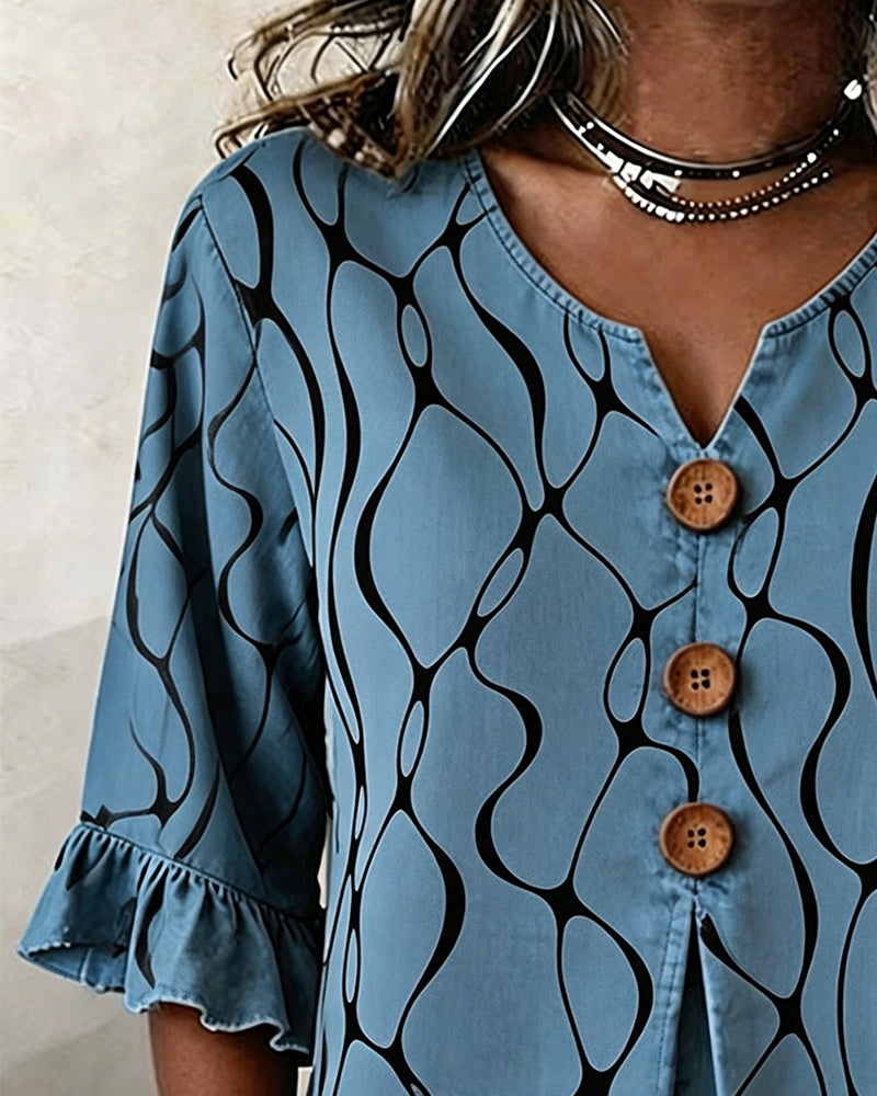 Blouse Ligne Abstraite Trois Boutons Manche Volantée