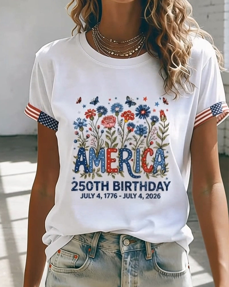 T-Shirt Col Rond Lettre Coloré Imprimé Floral