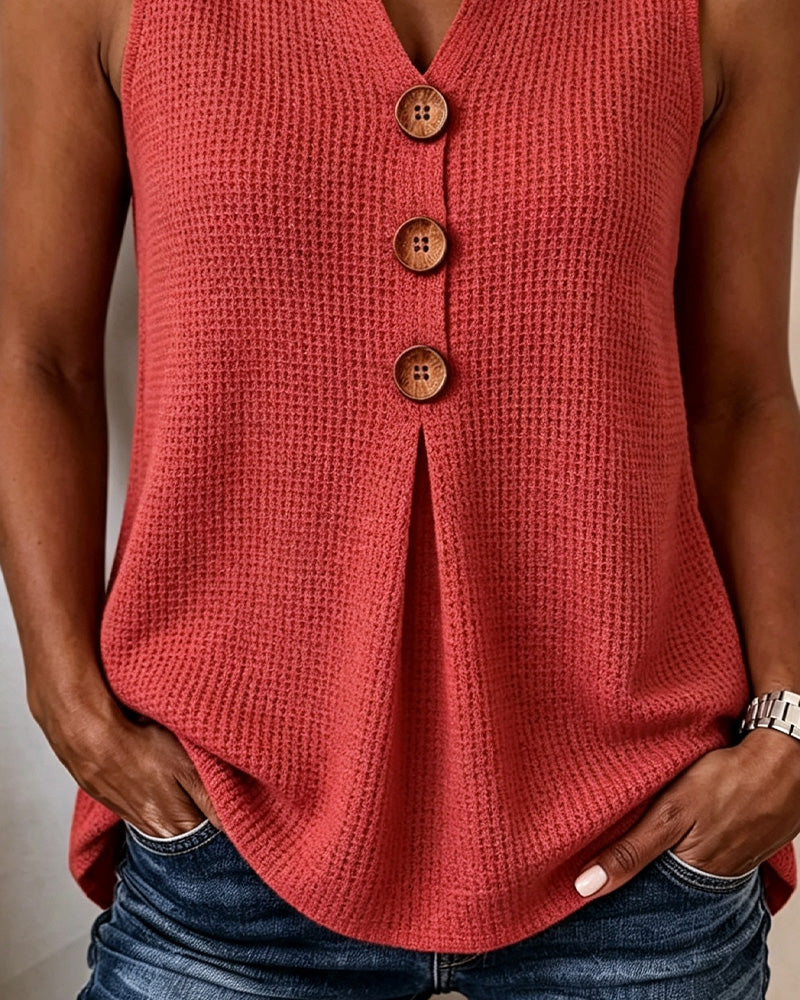 Tank Top Sans Manches Petit Col V Gaufre Uni
