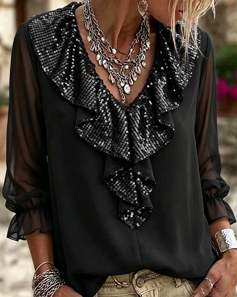 Blouse Élégante Col En V Dentelle Garniture Sheer