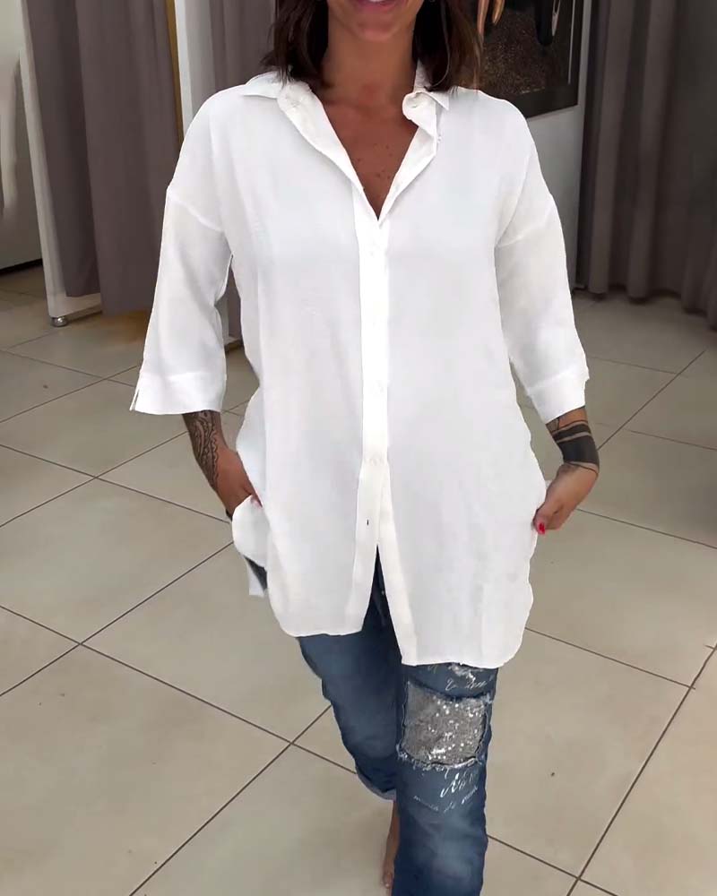 Chemise boutonnée de couleur unie à revers