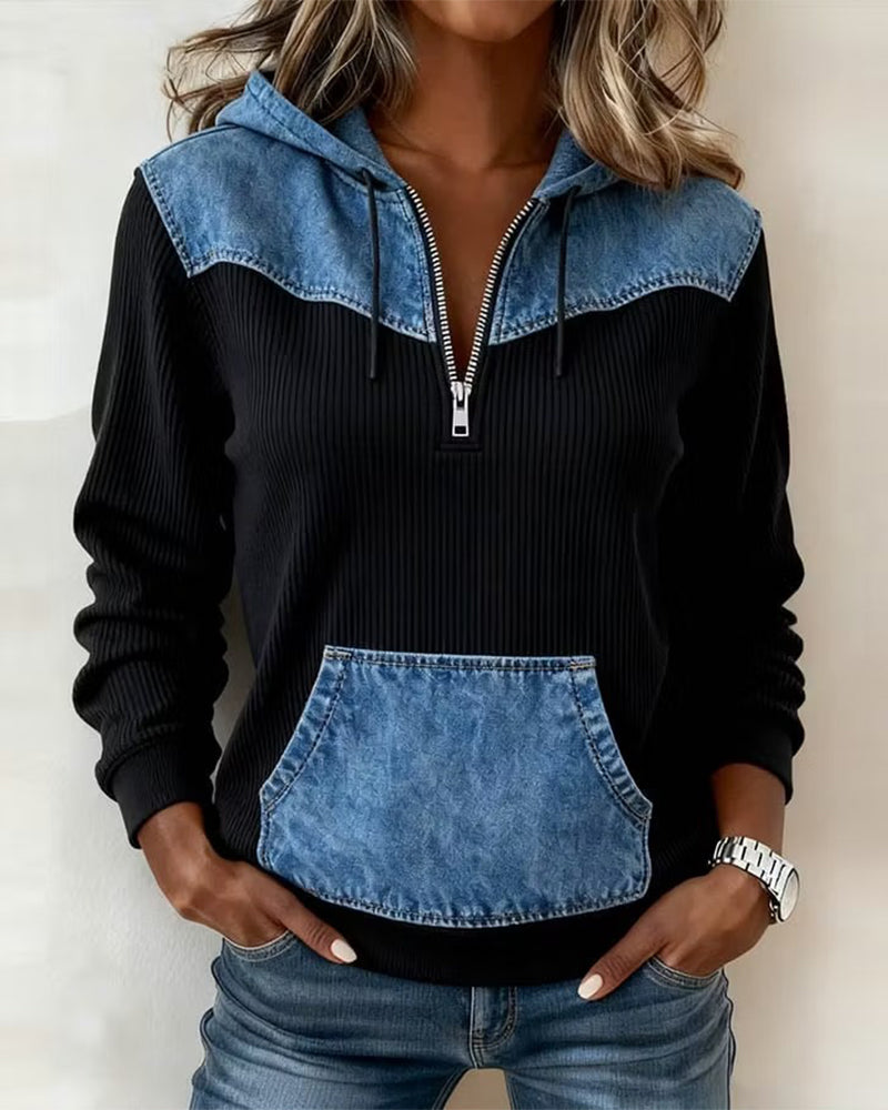 Sweat à Capuche Fermeture Éclair Denim Patchwork