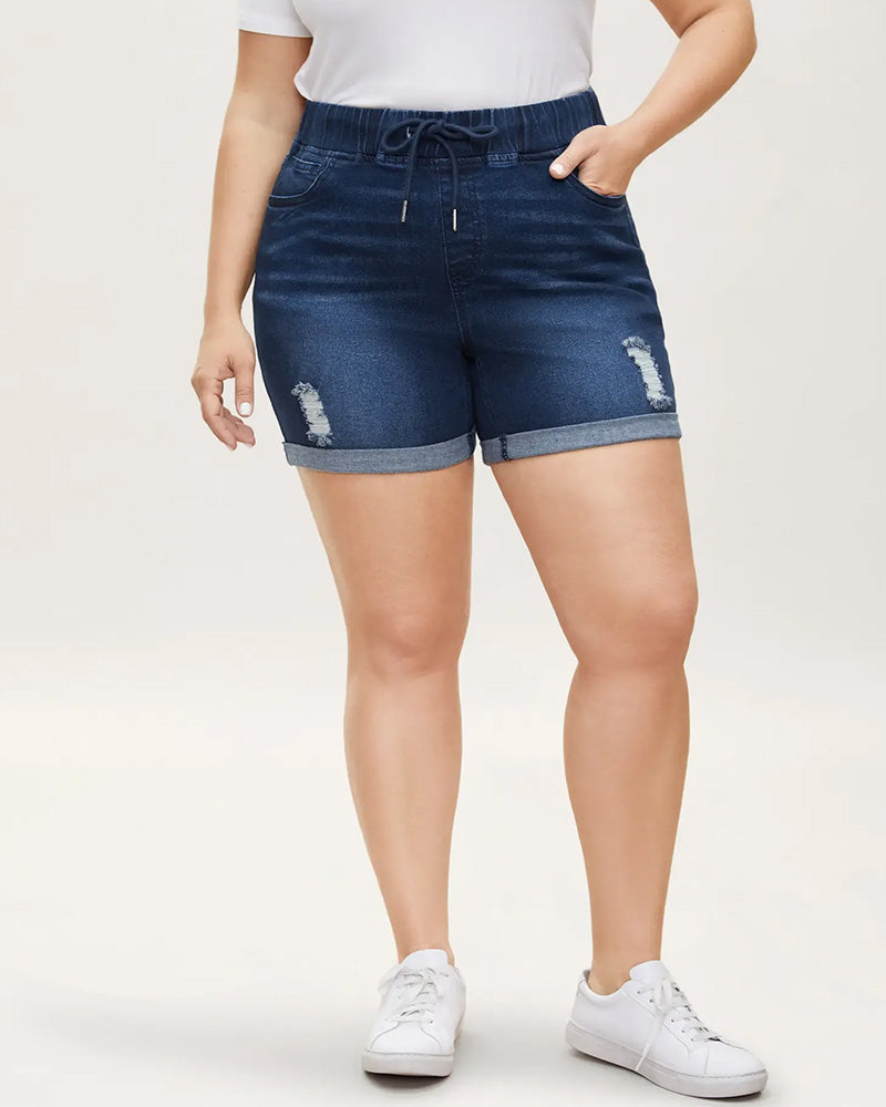 Short Taille Élastique Jean Déchiré