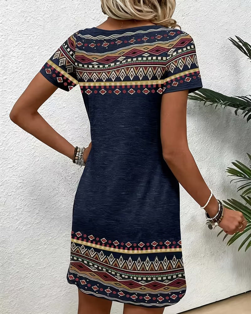 Robe Col En U Ethnique Bloc De Couleur Coupe A