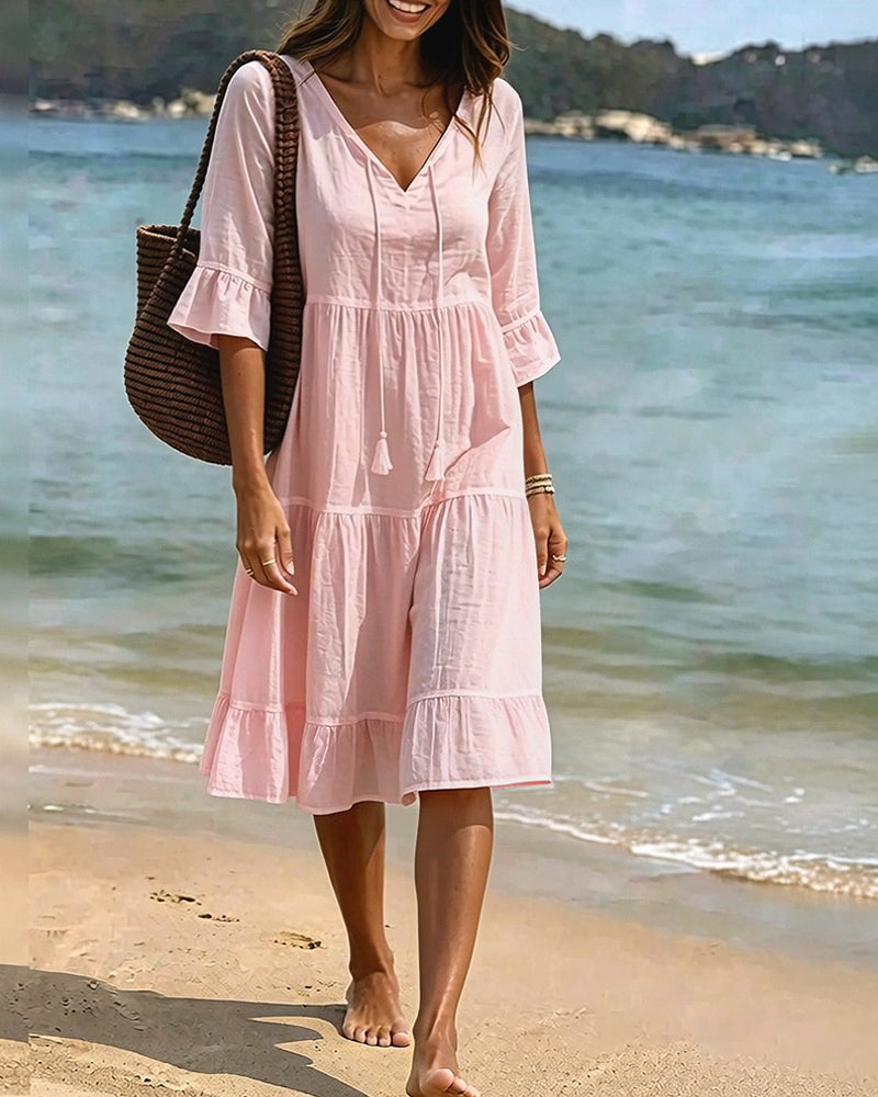 Robe Évasée Demi-Manche Nœud À La Taille