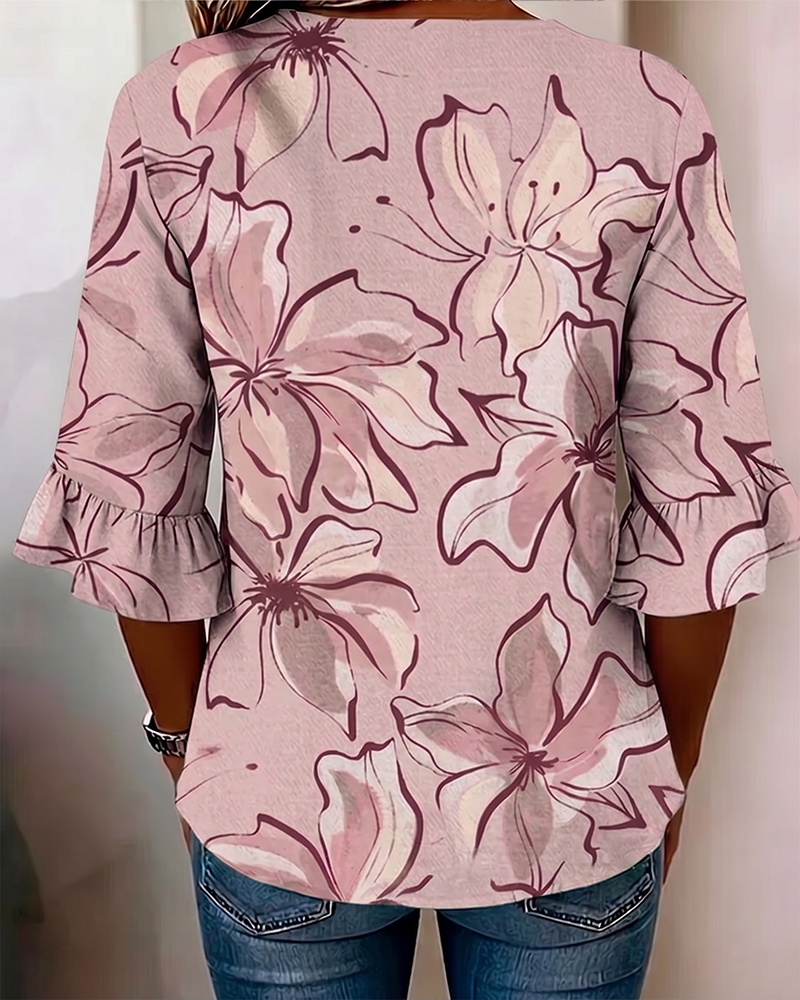 Blouse Col En V Fleuri Volant Manche 3/4