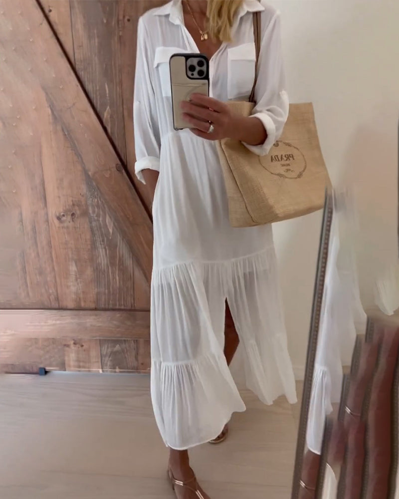 Robe décontractée patchwork de couleur unie à revers