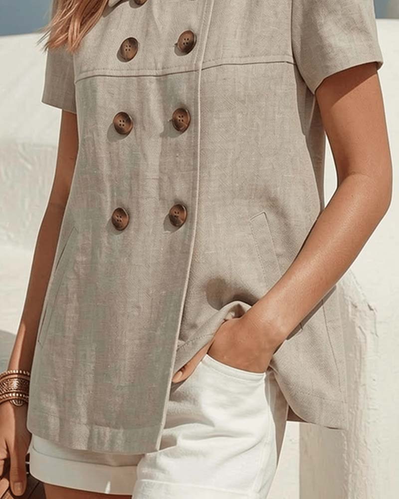 Blouse Bouton-Dévant Revers Ballon Manche Courte