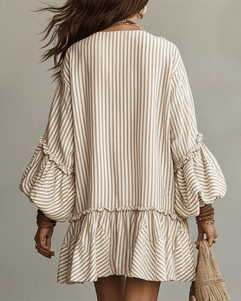 Robe Col En V Manche Lanterne Rayée Mini